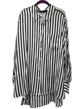 Lane Bryant Blk and White Vertical Stripe Button-Down Satin Boyfriend Shirt NWT